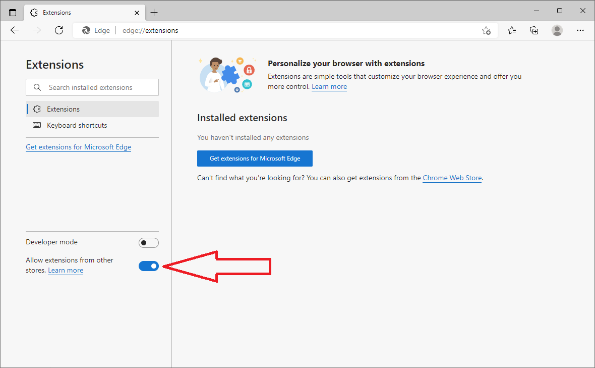 MS Edge allow extensions from other web stores